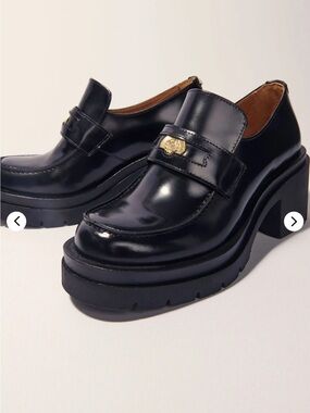 Maje Black Patent Leather Platform Loafers with Gold Accent